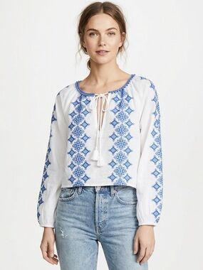 Topshop Blue Embroidered White Cotton Cropped Ethnic style Blouse SIze US 6